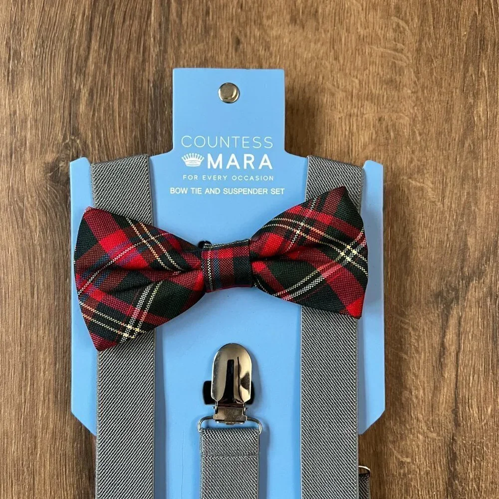 Countess Mara Red Plaid Bow Tie and Suspenders Youth